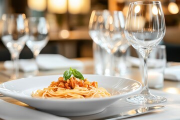 Pasta in white plate with basil, wine glasses in the blurred background. Showcase fine dining, gourmet meals, or the restaurant business, advertising culinary events.