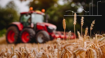 Tractor harvesting wheat over financial graphs  insights into agricultural economics and trends