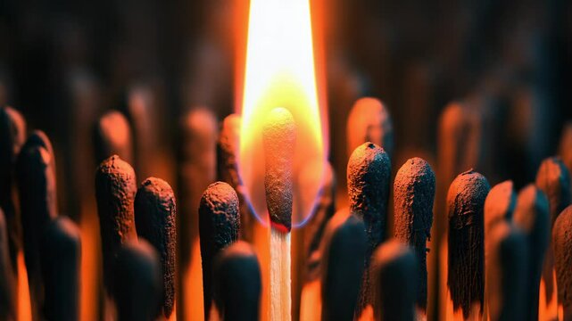 a matchstick with a red head is lit, standing out among the black matchsticks that have already been burned. The glowing flame makes the lit matchstick stand out.