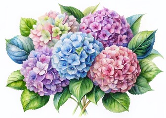 Aerial View Watercolor Hydrangea Bouquet Isolated on White Background