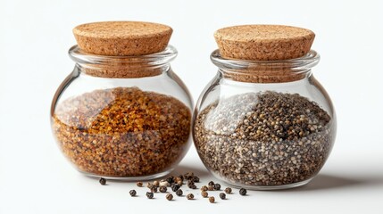 Glass spice jars with cork lids filled with colorful peppercorns on white background.