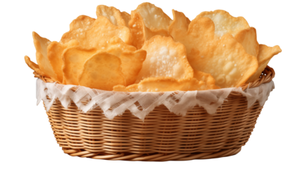 A wicker basket filled with golden fried chips on a plain surface isolated on transparent background	