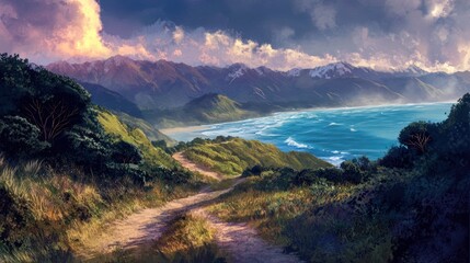 Coastal mountain path sunset scenic travel