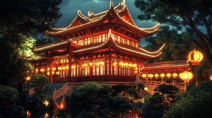 Fototapeta premium Illuminated Chinese-style pavilion in a garden at night