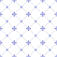 Mediterranean decorative seamless pattern. Blue tiles on white background. Minimalistic mosaic design of Portuguese, Italian, Spanish motifs. Ornament for home textile or ceramic. Vector illustration