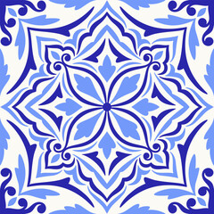 Mediterranean tile, blue seamless pattern. Spanish, Portuguese, or Moroccan traditional ornament. Mosaic floral design with leaves, ethnic motifs for ceramic. Vector illustration