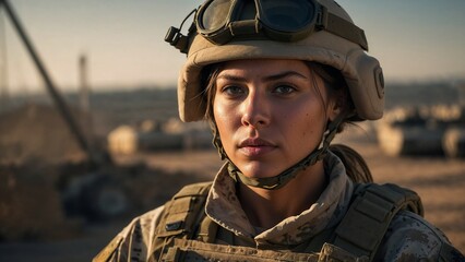A resolute young soldier woman in uniform, embodying strength, bravery, and unwavering determination
