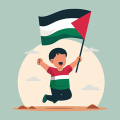 Illustration of a Child Cheerfully Raising the Palestinian Flag