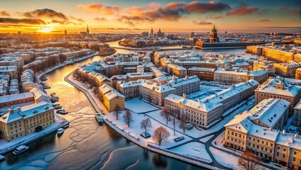 Obraz premium Aerial Winter Panorama of Saint Petersburg, Russia: Frozen River & Cityscape