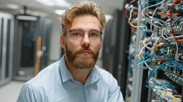 Precision and Expertise: A determined technician inspects intricate network hardware. A close-up shot captures the dedication and precision.