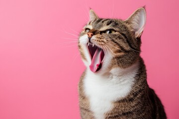 Yawning tabby cat with pink background