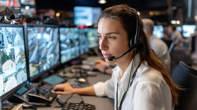 Security Operator Monitoring Screens: A focused female security operator wearing a headset intently monitors multiple screens displaying surveillance footage in a modern security control room.