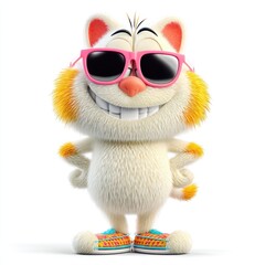 Fototapeta premium Cartoon Cat with White Fur in Sunglasses and Colorful Shoes on White Background