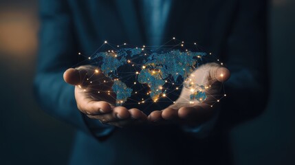 Digital technology, businessman holding Global network connection. Big data analytics and business intelligence. World map point and line composition of global business. innovation,