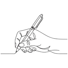 Continuous one line drawing hand palm fingers gestures pen, pencil. Ballpoint in hand. Writing or drawing with ink pen. Vector Black silhouettes. with white background