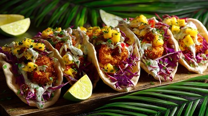 Delicious shrimp tacos with mango salsa and creamy sauce.