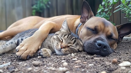 Fototapeta premium Dog and tabby cat sleeping together, laying in a garden outdoors. Use to show friendship, love, care, and other positive animal emotion.