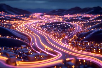 Fototapeta premium A nighttime aerial view of a city with glowing roads and buildings