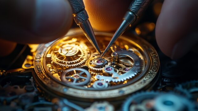 Crafting precision in an antique mechanical watch with careful hands and tiny gears under magnification - Powered by Adobe