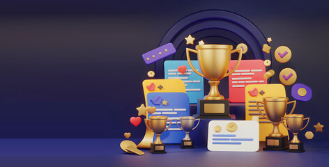Inspiring scene of trophies with medals and colored papers celebrating students' academic achievements on a blue wall.