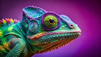 Amusing Chameleon Closeup:  Funny Reptile Portrait with Mismatched Eyes, Purple Background