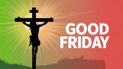 Silhouette of Jesus Christ crucified on a hill radiating golden divine light against a dramatic sky with bold GOOD FRIDAY text below symbolizing sacrifice redemption and solemn spiritual reflection