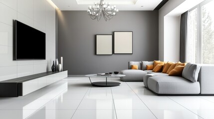 Modern gray living room with sectional sofa, large window, and TV