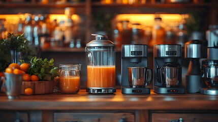 Bright kitchen scene featuring a glass kettle and coffee machines with fresh juice and oranges