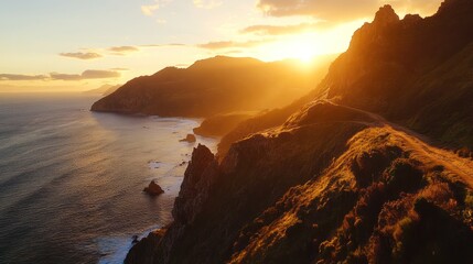 Coastal sunset hike, cliffs, ocean waves, golden light, travel