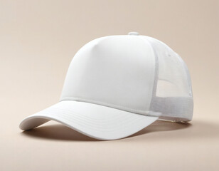 Fototapeta premium Empty white trucker cap hat mockup template isolated on a clean background, with a subtle shadow and beautiful fold, perfect for your branding design.