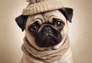 Winter Pug Dog with hat and scarf