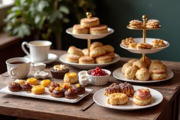 Teatime Spread on Wooden Table