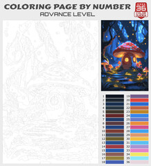 Color by Number Printable – Glowing Mushroom House in Enchanted Forest, Advanced Fantasy Night Scene Coloring Page