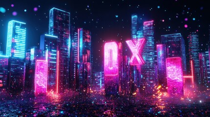 Obraz premium Futuristic city skyline at night, illuminated by vibrant neon lights