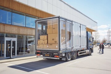 Boxes being loaded onto a truck for delivery in logistics center