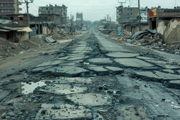 The picture of the road of the urban city that has been cracked, broken and filled with pothole everywhere on the street lead to a city, a pothole is a depression or hollow in a road surface. AIG51.