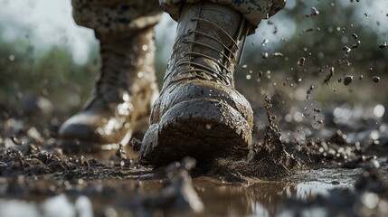 Obraz premium Soldier's muddy boots splashing through a puddle