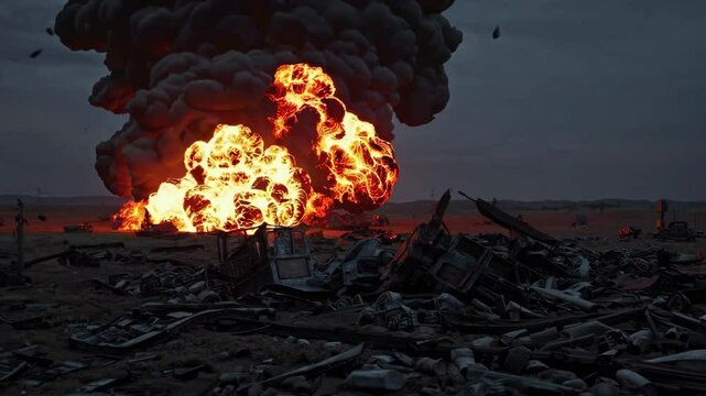 Explosive Scene of a Warzone with Erupting Fire and Destruction