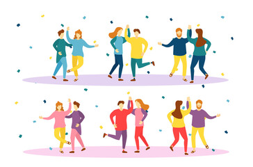 png people dancing group with happy cartoon friends flat design illustration woman male joy freedom party vector young stylish emotion background friendship celebration

