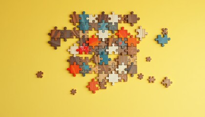 Colorful jigsaw puzzle pieces scattered on a yellow background