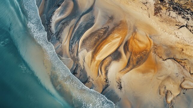 Coastal aerial view, sand patterns, ocean waves, abstract texture. Background use website, design