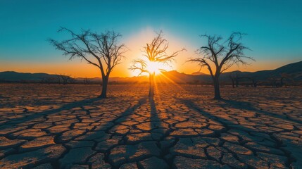 Sunset over cracked earth, desert trees