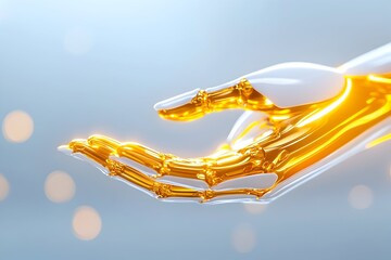 A golden robotic hand with a white exterior is outstretched, palm up, against a bokeh background