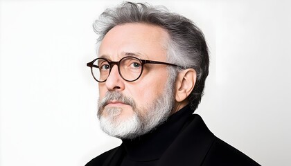 Portrait of a mature man with grey hair and beard wearing round glasses, looking away from the camera