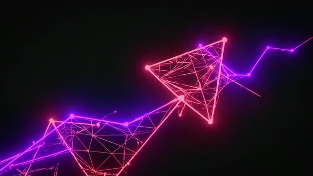 A wireframe mesh of nested polygons arrow pentagons hexagons heptagons grows concentrically. Dots appear at each vertex, connected by thin neon lines