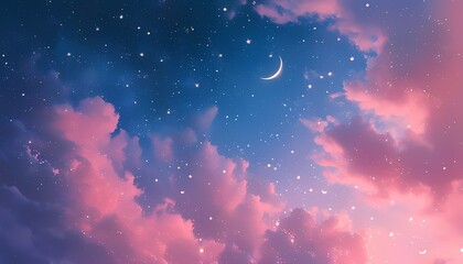Fantasy inspired sky with floating stars crescent moon and gentle pastel clouds in soft pinks and purples  magical and abstract background with stars