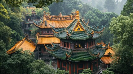 Fototapeta premium Ancient Chinese temple complex nestled amidst lush greenery. Towering structures with intricate golden and green roofs, hidden within a dense forest