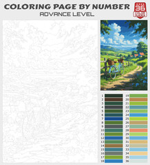 Fototapeta premium Color by Number Printable – Horse-Drawn Carriage on Country Road, Advanced Rural Landscape Coloring Page