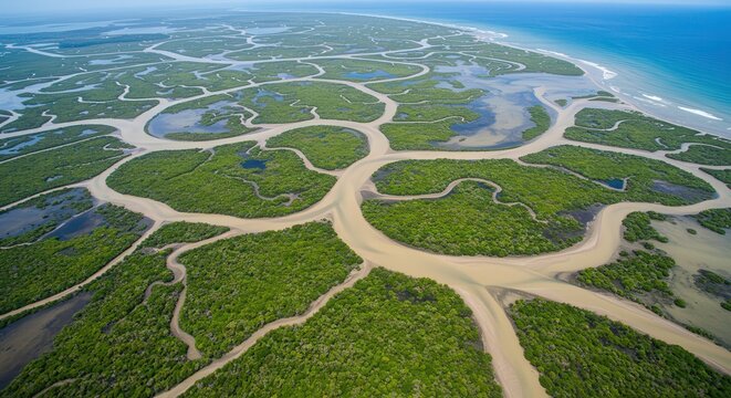 Aerial View of Coastal Wetlands with Green Vegetation and Water Channels