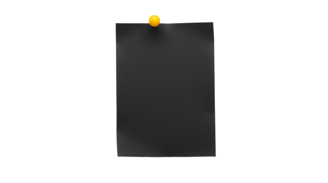 Black  sticky paper  note with yellow pushpin isolated on transparent background